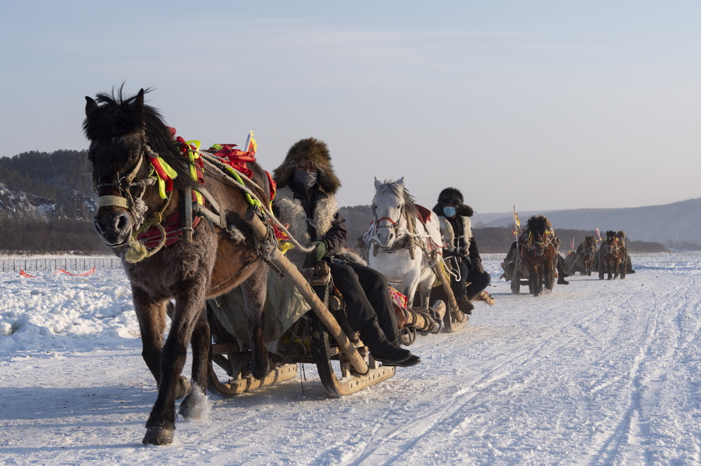 1月13日，当地村民用马拉爬犁带游客游玩北极村。