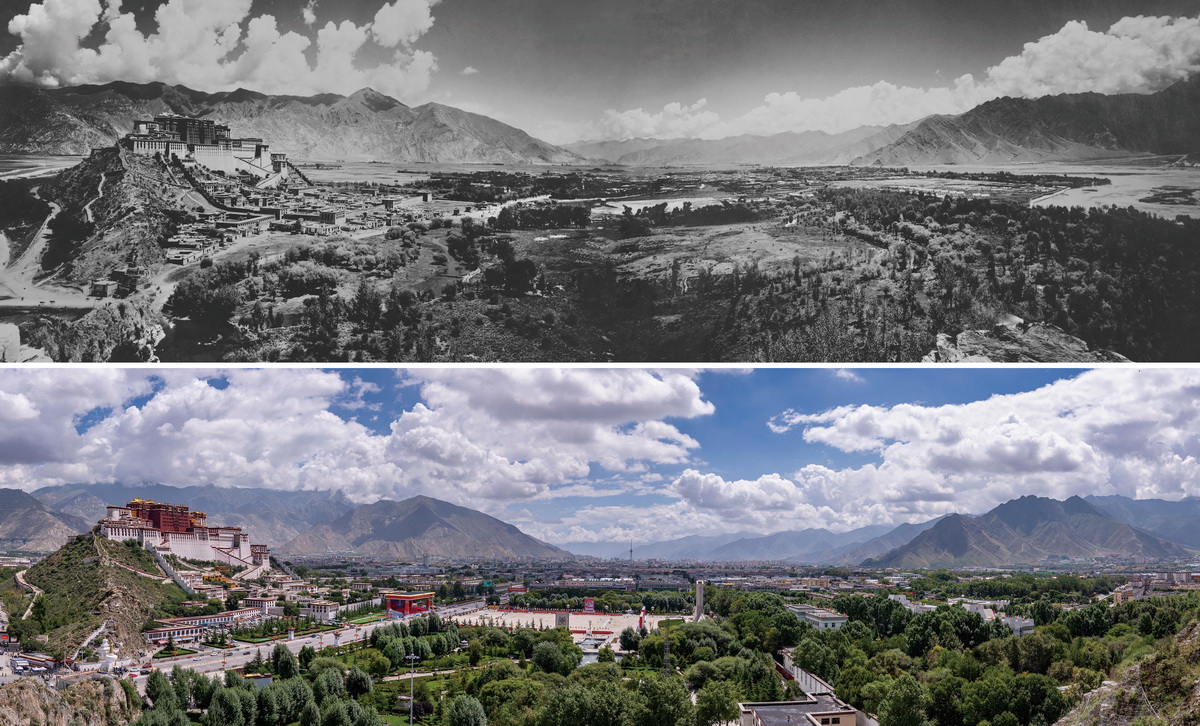 拼版照片：上图是20世纪50年代拍摄的拉萨市景象（新华社发 蓝志贵摄）；下图是2021年8月13日拍摄的拉萨市新貌（接片，新华社记者孙瑞博摄）。